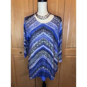 Chico’s Women’s 1 US M Blue Studded Geometric 3/4 Sleeve Tunic Top